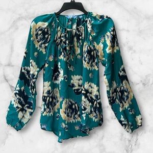 Simply Vera Wang Floral Flowy Teal Navy Long Sleeve Blouse Size M